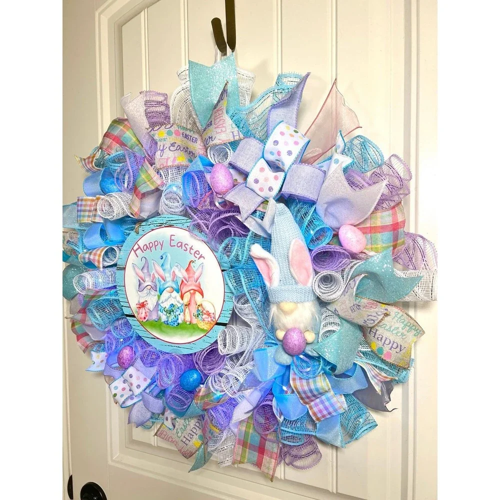 Handmade Easter Bunny Gnome Prelit Ribbon Wreath 22 in LED W9